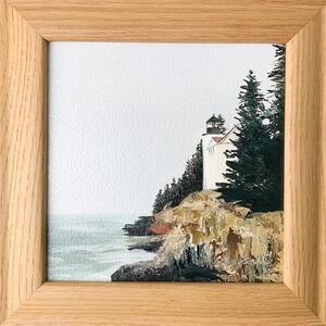 Framed Original Oil Landscape Painting Bass Harbor Light Maine 10.5x10.5" Signed